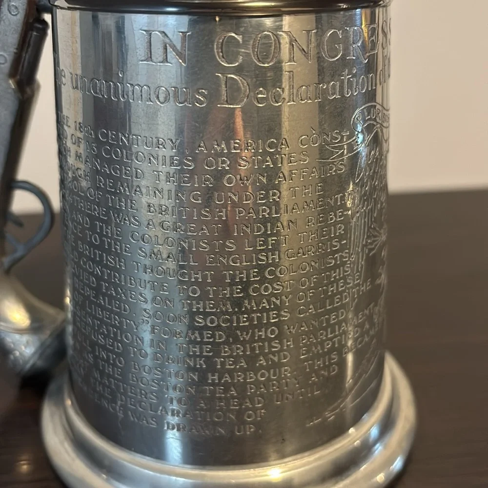 Declaration of Independence glass bottom pewter tankard with pistol hand…